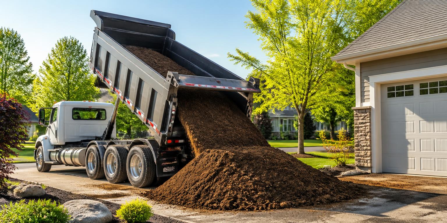 Dump truck unloading piles of mulch and gravel in a driveway next to stacked firewood