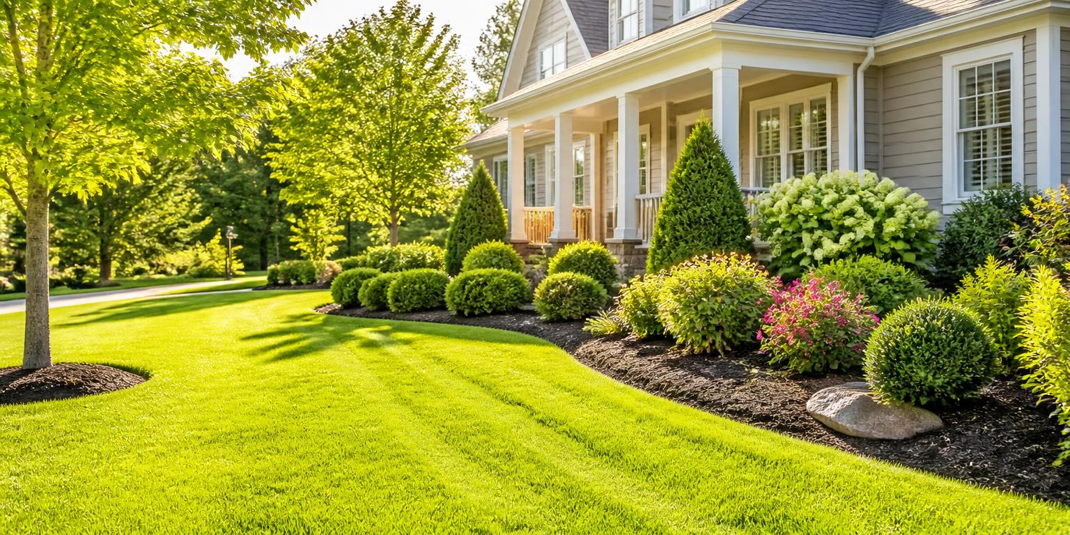 Crew mowing crisp stripes into a green suburban lawn with trimmed shrubs and mulched beds